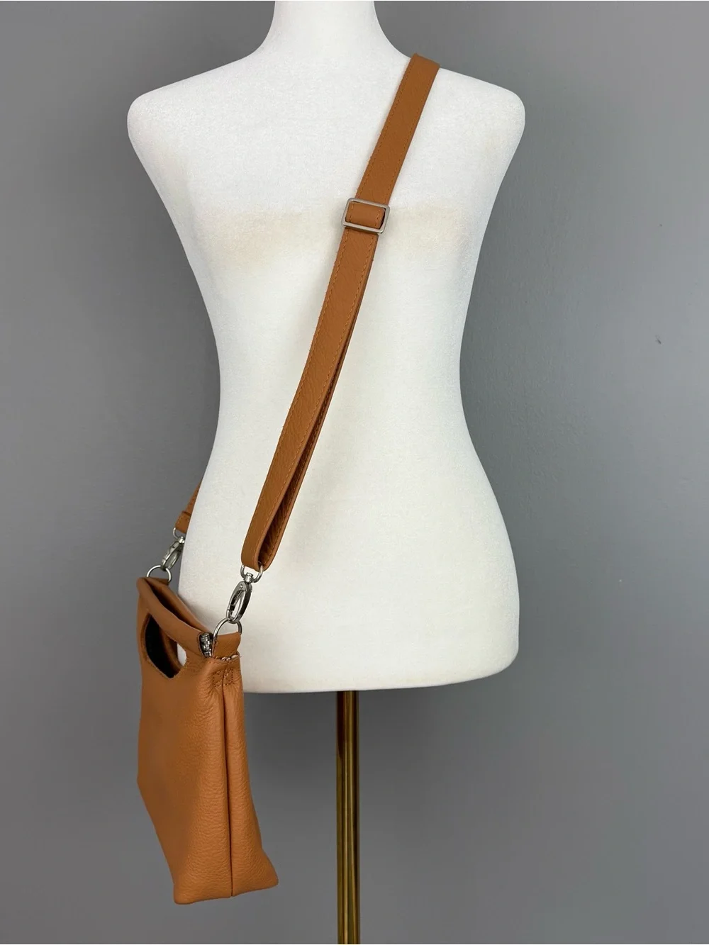 Elophina Purse Cognac Tan Pebbled Leather Purse Crossbody Clutch Bag Made In USA